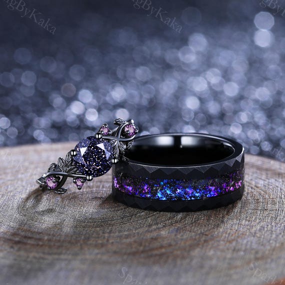 Round Blue Sandstone Couple Ring Set His&her Matching Wedding Band