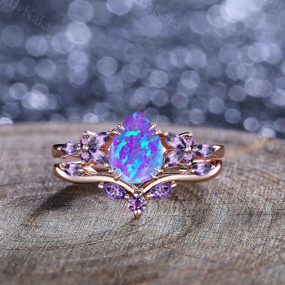 Pear Lavender Opal Engagement Ring Set, Amethyst Wedding Band
