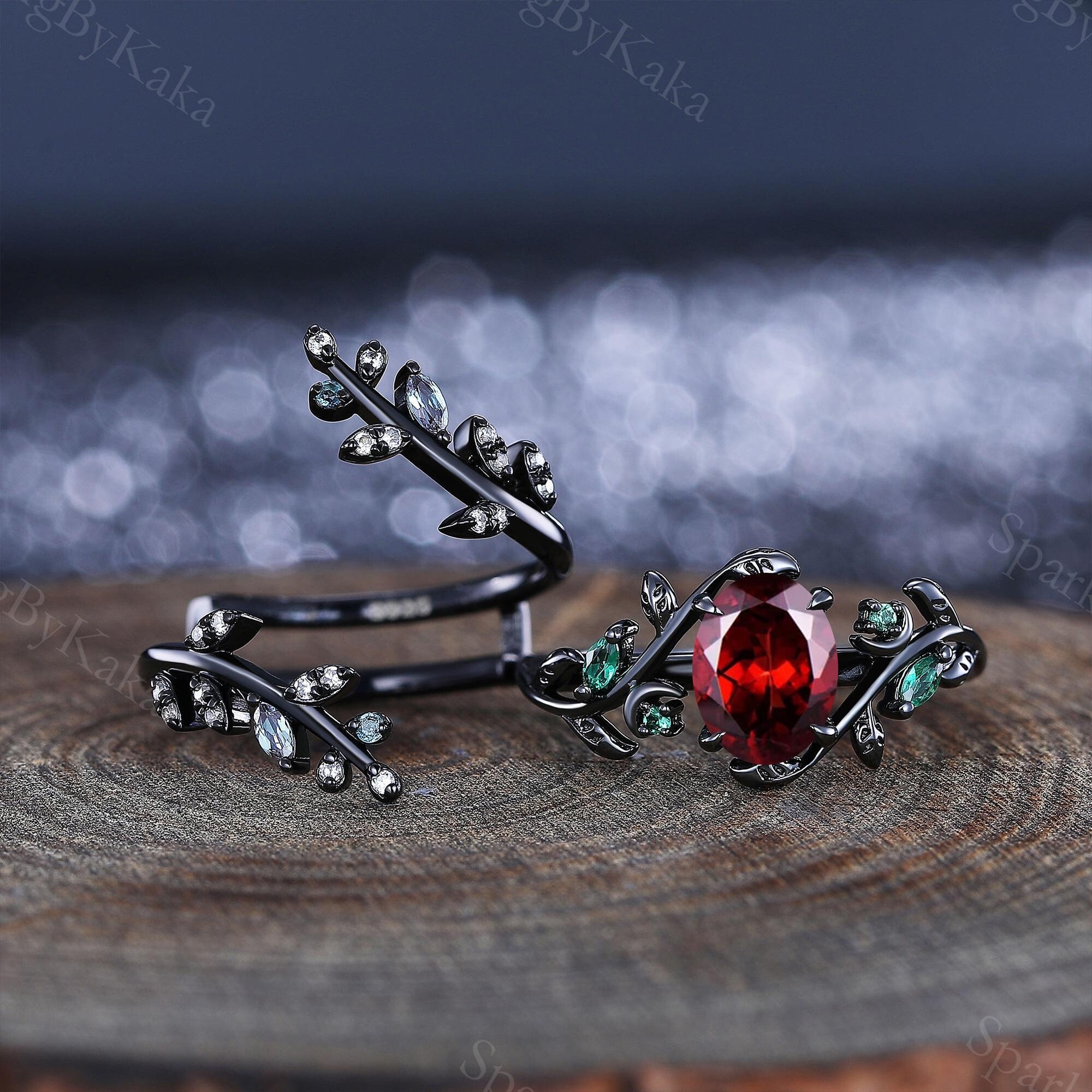 Gothic Garnet Engagement Ring Set, Unique Black Gold Leaf Design Emerald Wedding Band Star Moon Ring Cluster Ring Women Bridal Promise Ring
