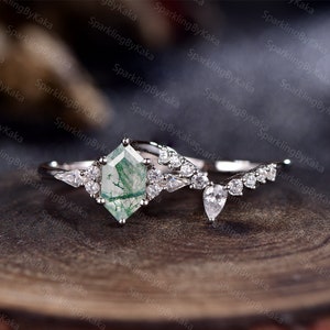Natural Moss Agate Ring Women Engagement Ring Long Hexagon Green Moss Agate Promise Ring Rose Gold Silver Moissanites Curve Wedding Band Set