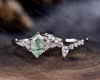 Set di anelli di fidanzamento in agata muschiata esagonale, fede nuziale in moissanite