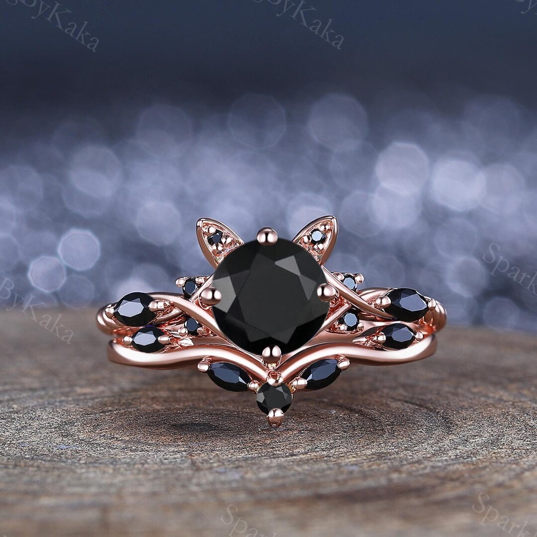 Gothic Round Black Onyx Engagement Ring Set Kitten Cat