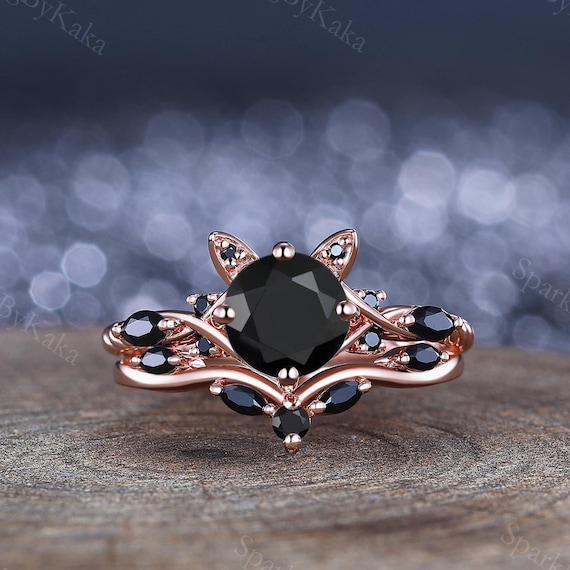 Gothic Black Onyx Cat Engagement Ring Set, Rose Gold Promise Ring