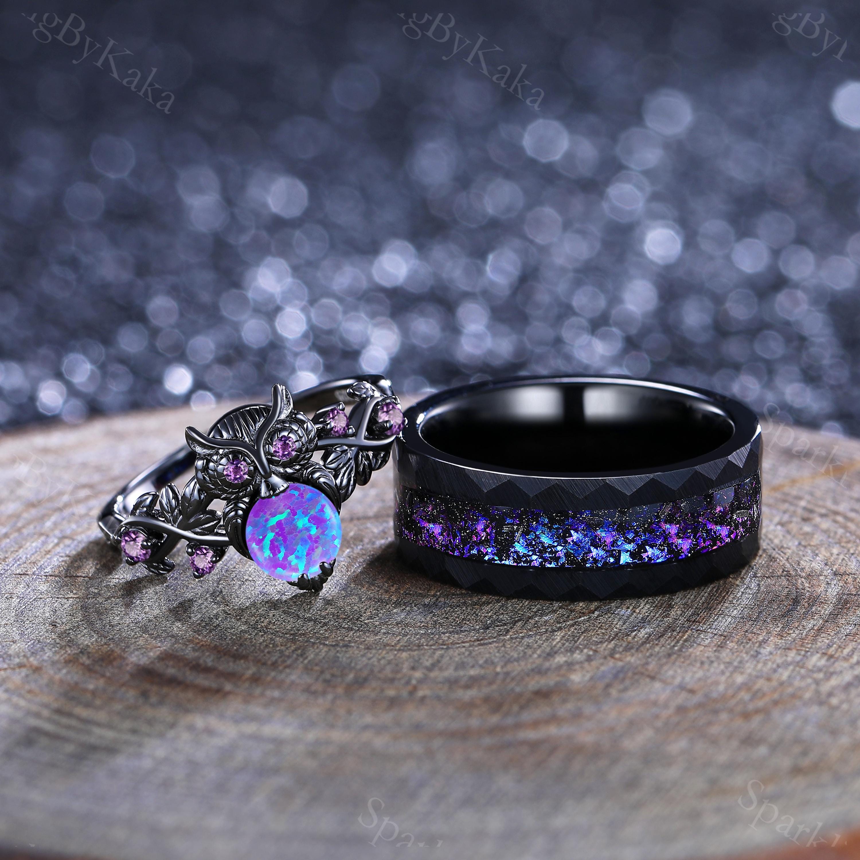 Handmade Owl Couple Ring Set: Lavender Opal & Tungsten Wedding Bands