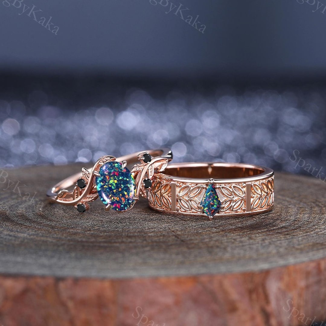 Handmade Black Opal Wedding Ring Set, Sterling Silver Matching Rings Etsy — free download