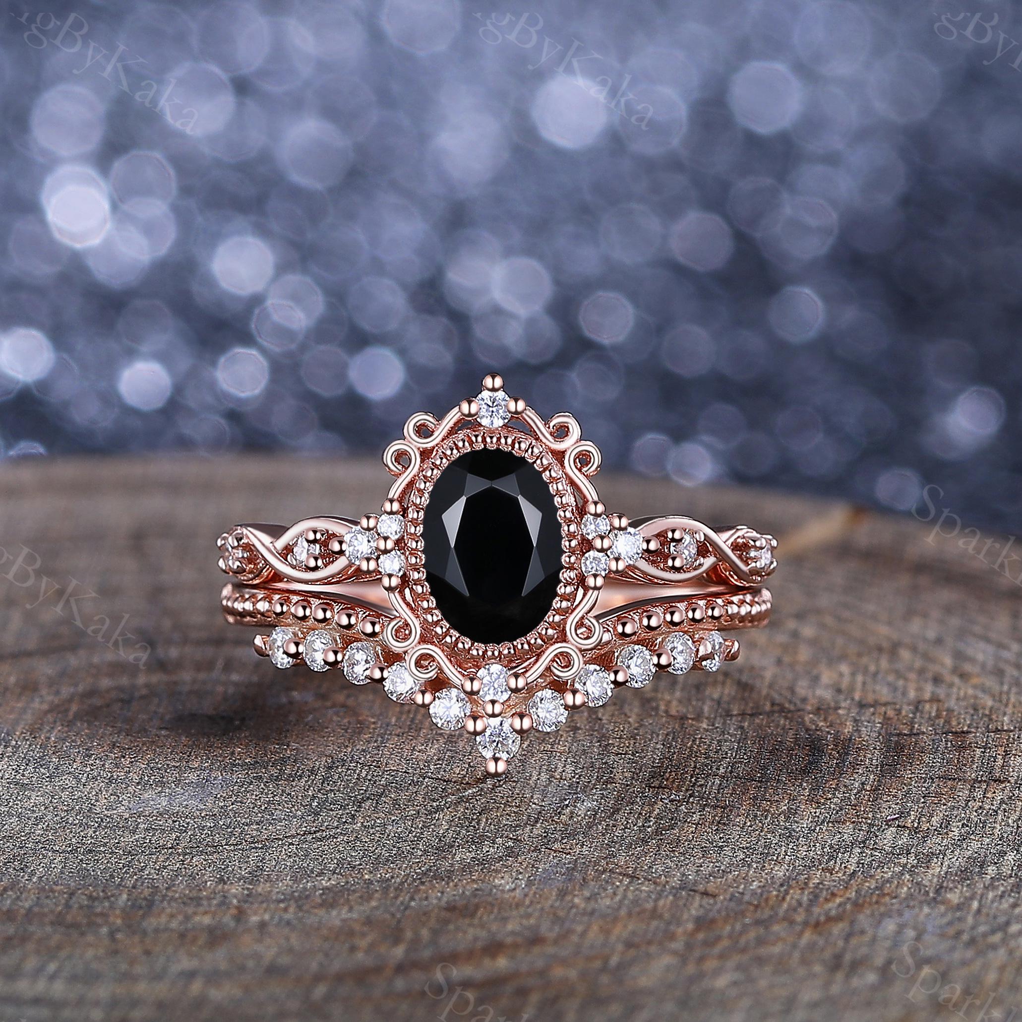 micoTODAYFUL Gem Stone Ring ブラック13号 Vintage Oval Black Onyx Ring Set, Rose Gold Leaf Moissanite Bridal