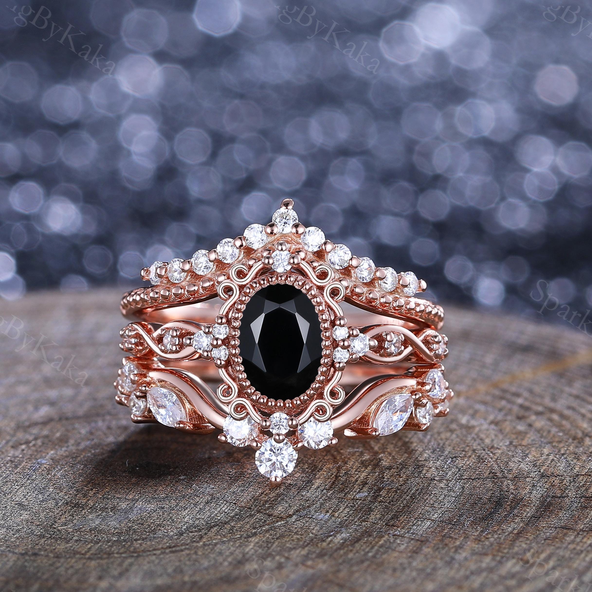 Black Onyx Engagement Ring Set, 14K Rose Gold Moissanite Bridal