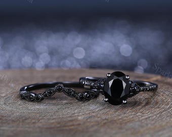 ゴシックブラックオニキス婚約指輪セット ブラックオニキス重ね付け