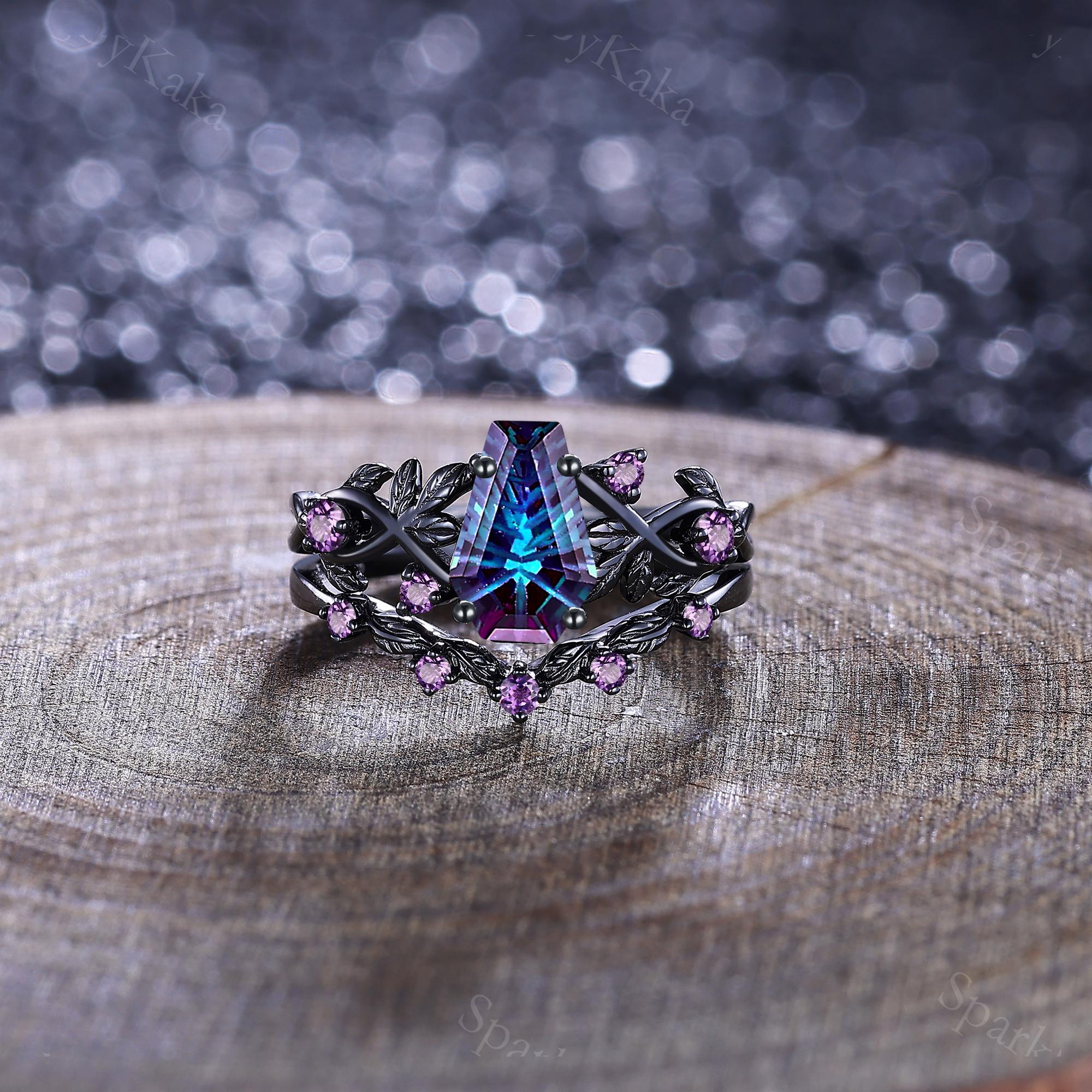 Fireworks Alexandrite Engagement Ring Set Unique Leaf Design