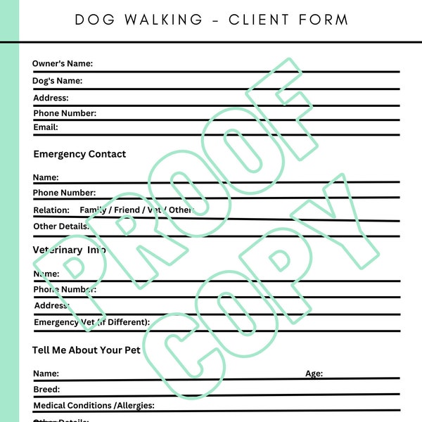 Dog Walking Client Form | Dog Walker Vet Info | Client Checklist Form | Puppy Details | Pet Business Clients | k9 Lovers Digital Download