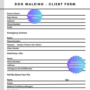 Könnte beinhalten: Ein druckbares Formular für Hundebesitzer mit Abschnitten für die Informationen des Besitzers, Notfallkontakte, tierärztliche Informationen und Details zum Haustier. Das Formular enthält Felder für Name, Telefonnummer, Adresse, Rasse, medizinische Bedingungen und Fütterungsanweisungen.