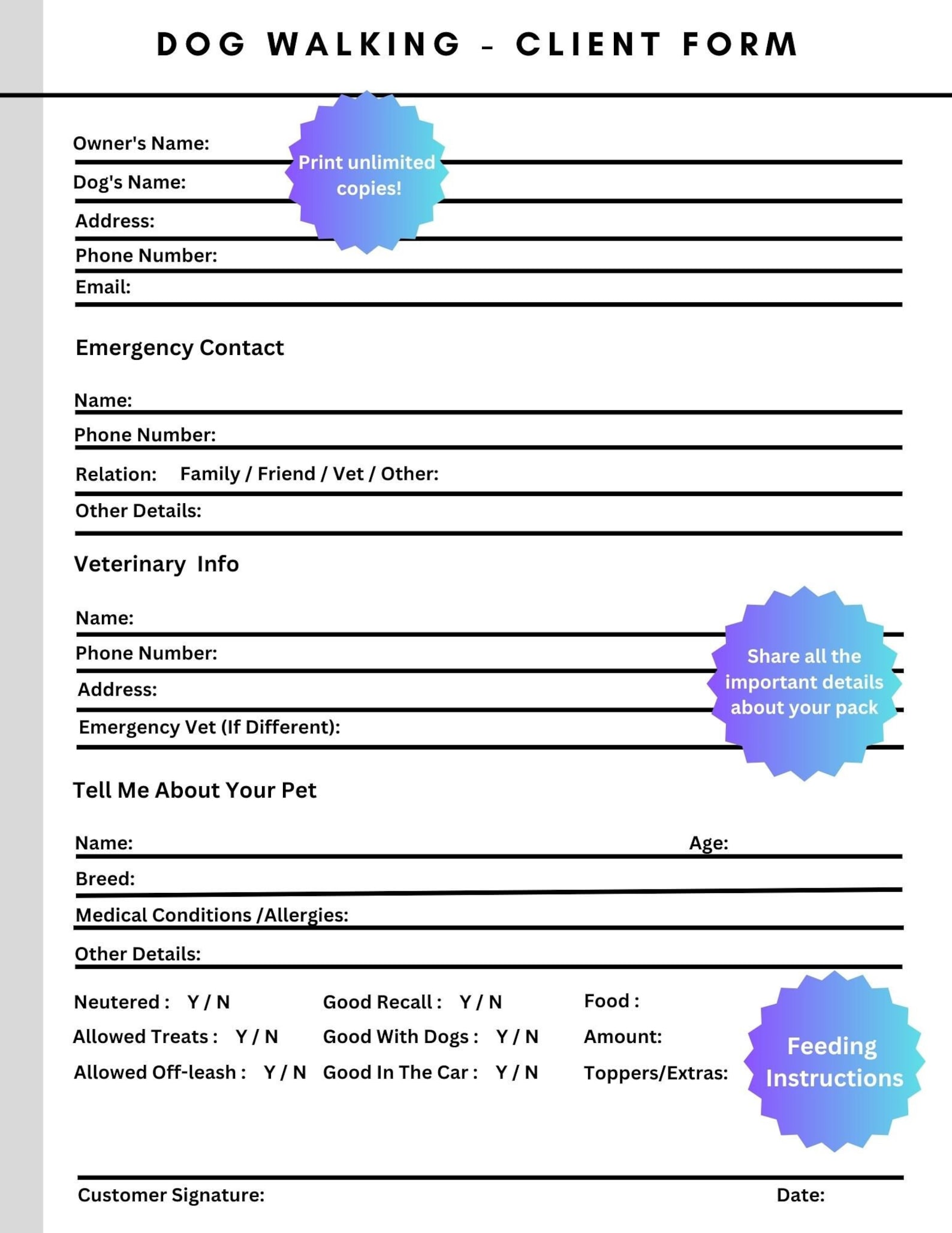 Dog Walker Client Form K9 Walking Details New Pet Care Info Puppy