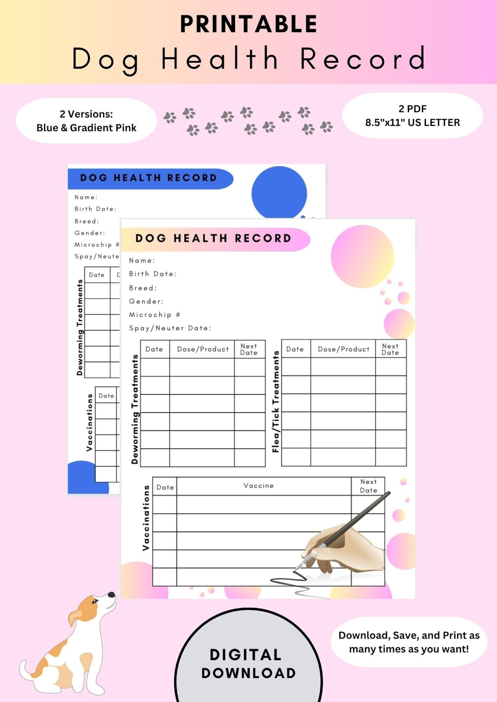 Dog Health Record, Printable Vaccine History, Puppy Shots Breeder ...