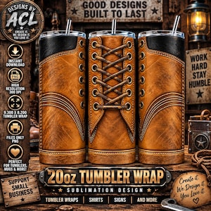 May include: Three cylindrical tumblers featuring a brown leather-textured design with black accents at the top. The center tumbler displays a detailed lace-up boot pattern with metallic eyelets and crisscrossed laces, while all include a silver straw.