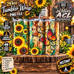 May include: Three cylindrical tumblers featuring a digital wrap design. The left tumbler displays yellow sunflowers with green leaves. The center and right tumblers feature orange and yellow butterflies against a rustic, weathered teal and brown wood plank background.