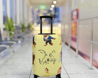 May include: A yellow suitcase cover featuring a pattern of Beauty and the Beast characters, including Belle, Beast, and the enchanted rose. The suitcase cover is made from a durable material and is designed to protect your luggage from scratches and scuffs.