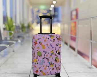 May include: A wheeled suitcase with a black handle and wheels. The lavender case is patterned with cartoon characters. The background shows an airport corridor with seating and bright lights.