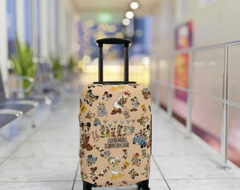 May include: A tan suitcase with a colourful print of Disney characters from Animal Kingdom. The suitcase has a black handle and wheels.