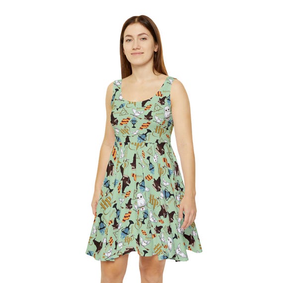harry potter skater dress Harry Potter Women's Allover Chibi Character Print Adult Casual A-line Skater Dress For Spring And Summer