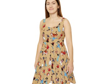 Puede incluir: Un vestido sin mangas con fondo beige y estampado de personajes de la película de Disney Aladdin. Los personajes incluyen Aladdin, Jasmine, Abu, Jafar y Rajah.