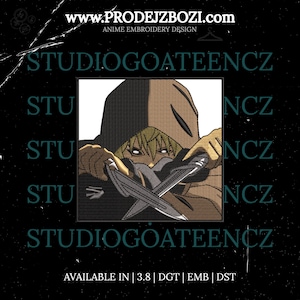 Puede incluir: Diseño bordado de un personaje de anime, sosteniendo dos espadas, con el texto "STUDIOGOATEENCZ" arriba y debajo de la imagen. El texto "AVAILABLE IN | 3.8 | DGT | EMB | DST" está debajo de la imagen.