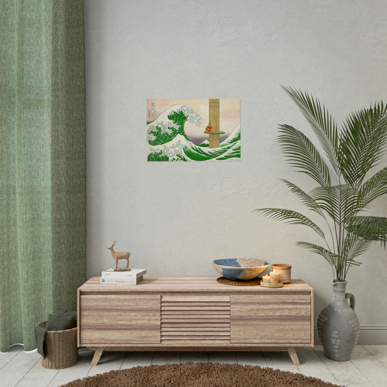 May include: A digital art print of a famous Japanese woodblock print, "The Great Wave off Kanagawa", with a red figure sitting on a platform in the wave.