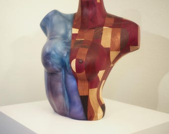 Wooden Torso Sculpture Abstract Body Form Art Handmade Gift Modern Home Office Display Contemporary Figure Carved Wood Resin Mixed Media