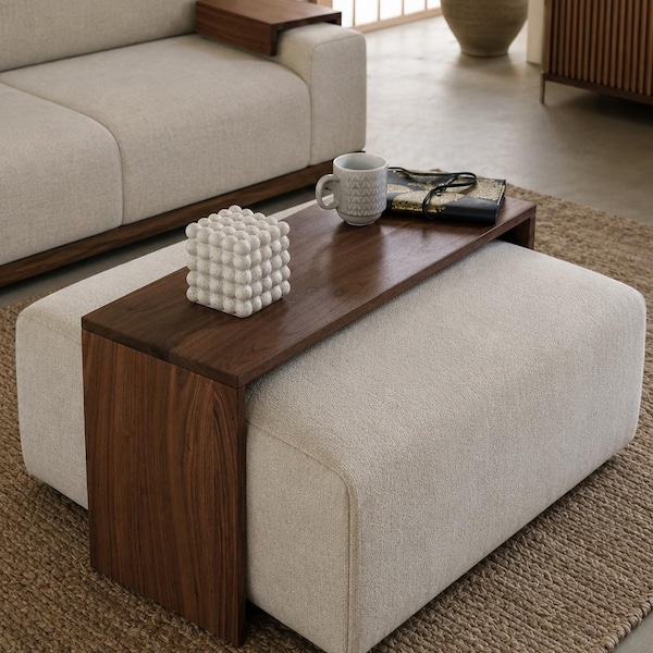 Japandi Style Ottoman Tray Table Japanese Style Wooden Over Ottoman Coffee Table Overlay Minimalist Sofa Tray for Drinks Modern Living Room