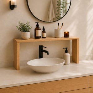 Puede incluir: Un conjunto de lavabo de baño con un fregadero ovalado blanco y un grifo negro, situado bajo un estante de madera que sostiene una pequeña planta en maceta, dos botellas de vidrio ámbar, un portacepillos de dientes y una vela, bajo un espejo redondo.