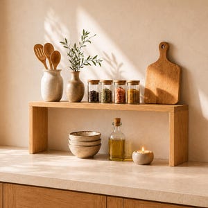 May include: A light-toned wooden countertop shelf featuring a collection of kitchen items including a ceramic utensil holder with wooden spoons, a small vase with greenery, four glass spice jars with wooden lids, and a wooden cutting board.