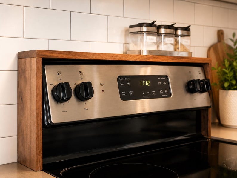 Hardwood stove shelf organizer in walnut style finish made for kitchen counter storage and spice organization with customizable length and height to fit your stove and help keep bottles jars and seasoning containers neatly arranged