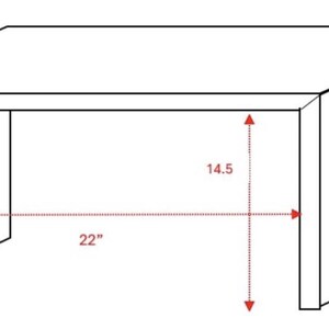 May include: Line drawing of a rectangular table with dimensions labeled in inches. The table is 14 inches wide, 22 inches long, and 14.5 inches high. The design is a simple, modern style.