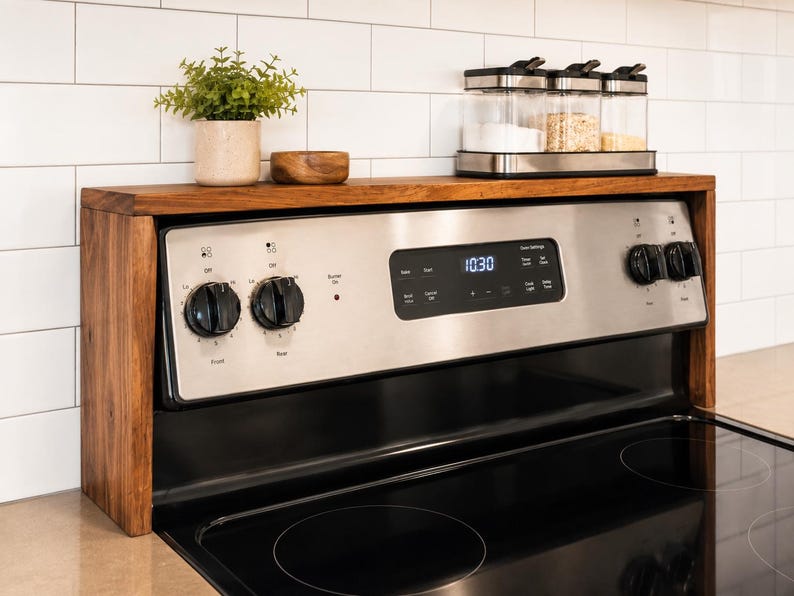 Hardwood stove shelf organizer in walnut style finish made for kitchen counter storage and spice organization with customizable length and height to fit your stove and help keep bottles jars and seasoning containers neatly arranged