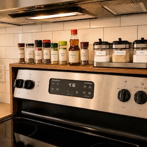 Walnut wood over stove shelf used as a kitchen spice rack and countertop organizer with custom length and height designed to fit above the stove and create extra storage space for spice jars oils seasonings and small kitchen essentials