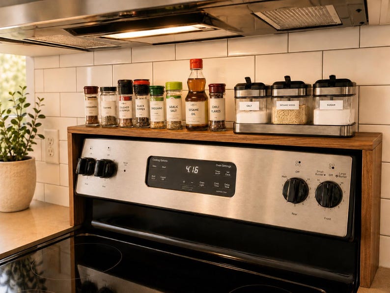 Walnut wood over stove shelf used as a kitchen spice rack and countertop organizer with custom length and height designed to fit above the stove and create extra storage space for spice jars oils seasonings and small kitchen essentials