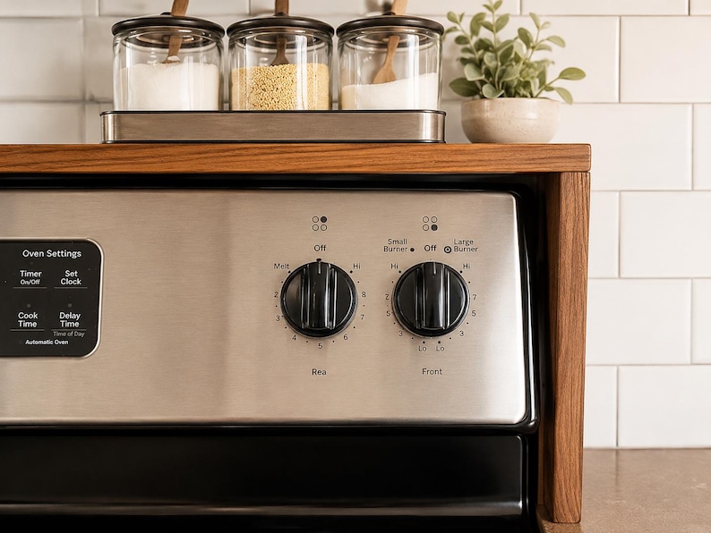 Wooden spice rack for above stove storage featuring a warm walnut finish custom sizing and sturdy hardwood construction made to organize seasonings cooking oils and pantry jars while reducing clutter on the kitchen countertop