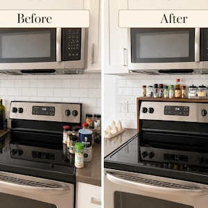 Custom wooden stove shelf made from walnut hardwood for organizing spices oils and cooking essentials above the stove back panel perfect for saving counter space and adding a warm handmade farmhouse style accent to the kitchen