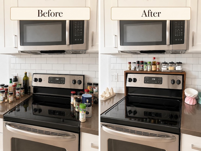 Custom wooden stove shelf made from walnut hardwood for organizing spices oils and cooking essentials above the stove back panel perfect for saving counter space and adding a warm handmade farmhouse style accent to the kitchen