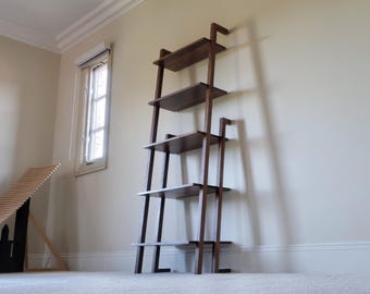 Walnut Ladder Shelf Storage Solution for Office Furniture Piece Wall Decor Living Room Display Unit Modern Design MCM Furniture Leaning Look