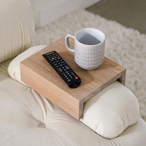 White Oak Sofa Arm Tray Table for Couch Sofa Armrest Side Table Walnut C Table For Small Spaces Couch Arm Table For Drinks Snack And Remote