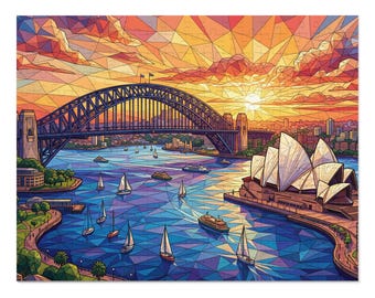 Rompecabezas de la puesta de sol en el puerto de Sídney con lata / Rompecabezas de 500 piezas con monumentos emblemáticos, regalo de rompecabezas de arte de paisajes urbanos australianos