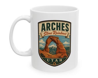 Taza de cerámica con diseño de arcos del desierto de Utah, estilo retro, inspirada en el Parque Nacional de mediados de siglo / Taza de café con diseño de arcos del desierto de Utah / Taza de recuerdo de viaje vintage
