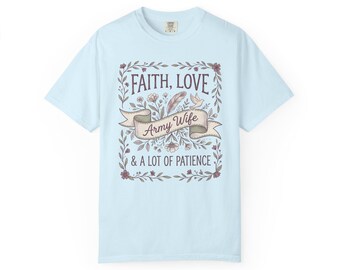 Camiseta para esposa de militar: Fe, amor y mucha paciencia / Camiseta vintage floral para regalo de esposa de militar