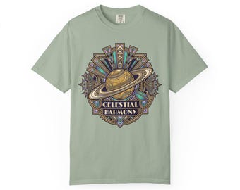 Saturn Celestial Harmony T-Shirt | Botanical Space Graphic Tee | Cosmic Art Gift