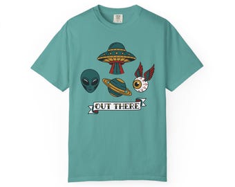 Out There Alien UFO Patchwork T-Shirt | Space Graphic Tee | Sci-Fi UFO Fan Gift