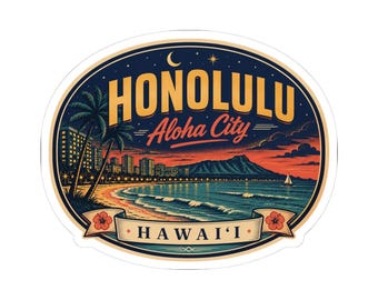 Honolulu - Etiqueta adhesiva para equipaje de mediados de siglo / Calcomanía retro de viaje a Hawái / Recuerdo de la ciudad de Aloha