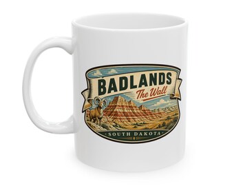 Badlands - Taza de cerámica del Parque Nacional de mediados de siglo / Taza retro con paisaje de senderismo de Dakota del Sur / Taza de café de viaje vintage