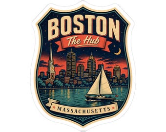 Boston - Etiqueta adhesiva para equipaje de mediados de siglo / Calcomanía de viaje retro de Massachusetts / Recuerdo de The Hub