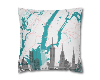 Funda de almohada con diseño de horizonte de la ciudad en verde azulado/Funda de almohada decorativa cuadrada