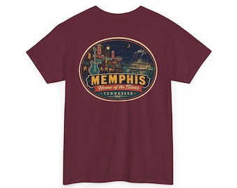 Memphis - Camiseta con etiqueta de equipaje de mediados de siglo / Camiseta retro con el escudo de la ciudad y el horizonte